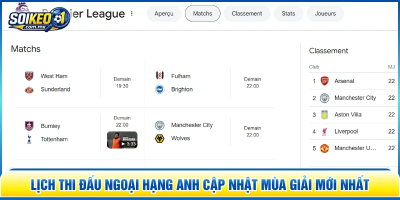 Lịch thi đấu Ngoại Hạng Anh